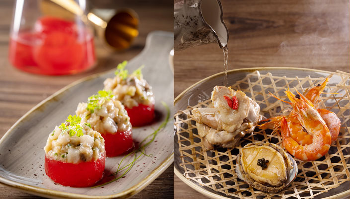 油甘魚他他配氈酒浸西瓜 HK$98醉醺醺(花雕醉乳鴒、蝦及鮑魚)HK$138