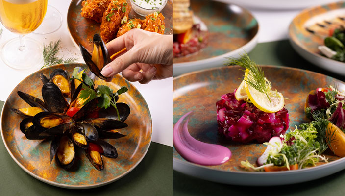 茄醬煮青口Sautéed mussels in tomato sauce紅菜頭沙葛沙律Beetroot and yam bean salad