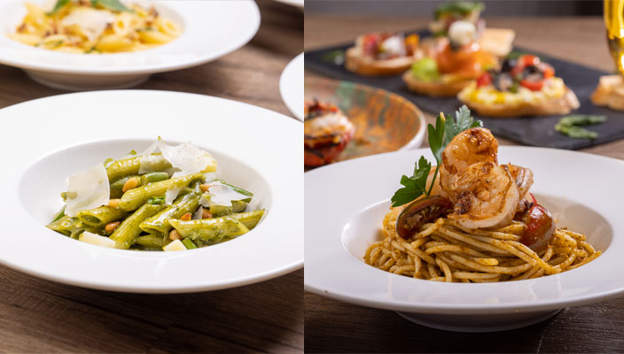 羅勒四式芝士長通粉 Creamy four cheese penne with basil茄乾辣椒大蝦意粉 Sun-dried tomato chilli pesto spaghetti with p