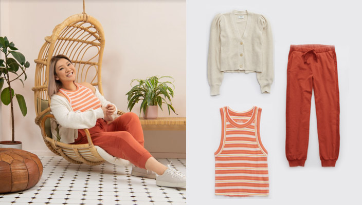 (on Joyce)Aerie鈕扣短身開襟外HK$540Aerie羅紋背心 $240Aerie高腰束腳長褲 $440