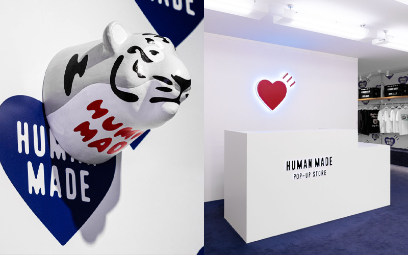 位於中環置地廣塲 BELOWGROUN 的HUMAN MADE 亞洲期間限定店佔地約 2,000 平方呎,一進店內便會看到熟悉的燈箱及印有 HUMAN MADE 標誌的復古馬賽克地板,還有一群站立於霓