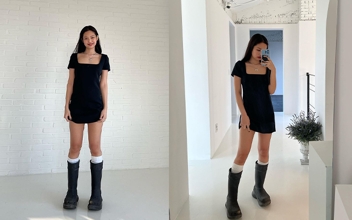 過去幾年都流行長至膝上的貼身襪靴，但今年的長靴潮流則改為寬鬆版形，在腳與靴子之間留下一點空隙，十分顯瘦！在未正式踏入冬天的日子，可以像BLACKPINK Jennie一樣，寬鬆靴子搭配短褲、短裙，營造