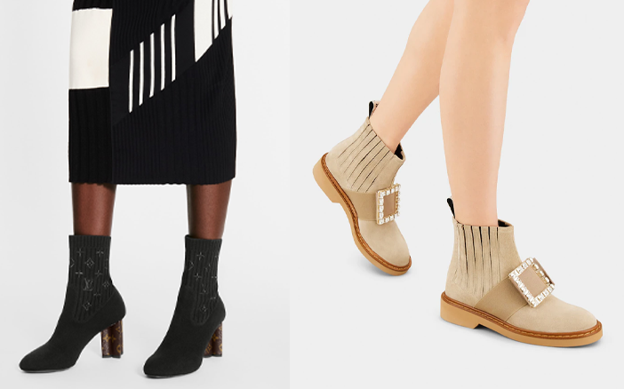 左：LV SILHOUETTE ANKLE BOOT $10,700右：Viv' Rangers Strass Buckle Chelsea Booties in Suede如果你是偏好Girly一點