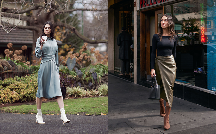 左:Simone Twist Front Satin Dress右:Zayla Faux Leather Wrap Skirt品牌首推圍巾及冷帽