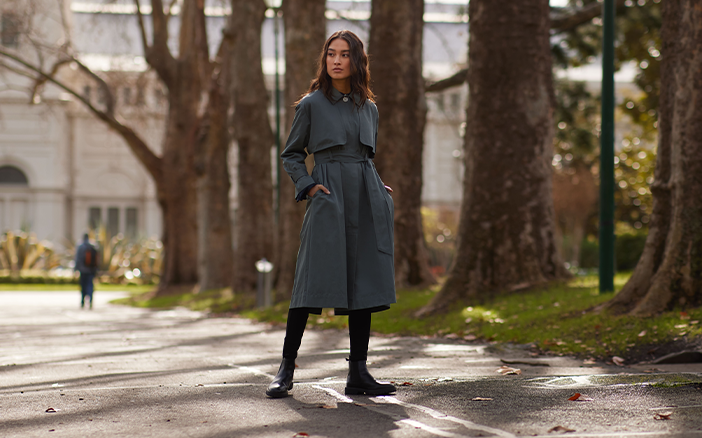 Ivonne Twill A-line Midi Trench Coat/Jazleen Ruffle Cuff Relaxed Blouse+Nadelyn Skinny Stretch Jeans