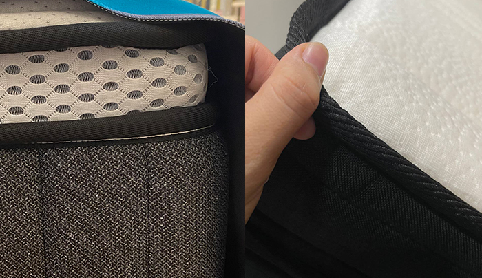 左：其他品牌的高級床褥｜右：Origin Pro鈦合金床褥&nbsp;【床褥質量／工藝有驚喜】Origin Pro鈦合金床褥的縫線質量看起來亦不錯，縫合也做得很好，可與高級床褥作媲美。整體上Origi