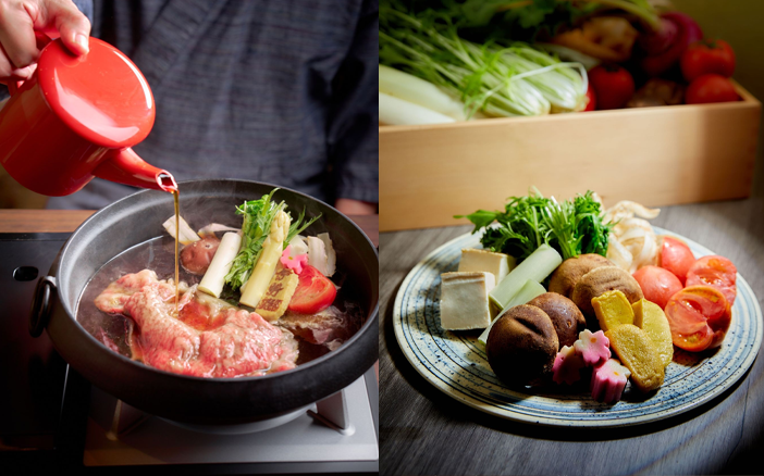 餐廳於晚市時段供應的兩款壽喜燒料理菜單,兩款晚市菜單均以來自日本的優質和牛作焦點食材,當中包括日本香川縣小豆島的橄欖和牛和從日本京都府綾部市的牧場引入的京都姬牛。前者口感柔軟,肉香及肉汁皆極其濃郁;後
