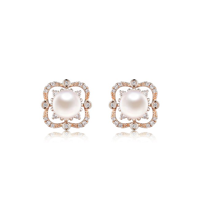 珍．圓美 18K金珍珠鑽石耳環–多色選擇