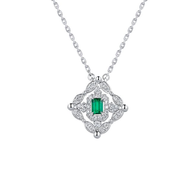 凝彩美寶18K金(白色)祖母綠鑽石頸鏈