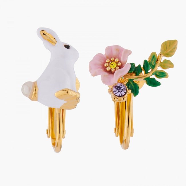 兔子與花不對稱夾式耳環